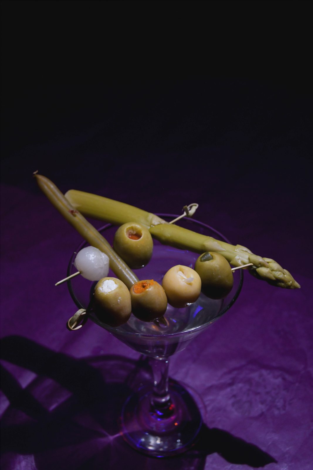 A Blondie's martini with a loaded garnish skewer